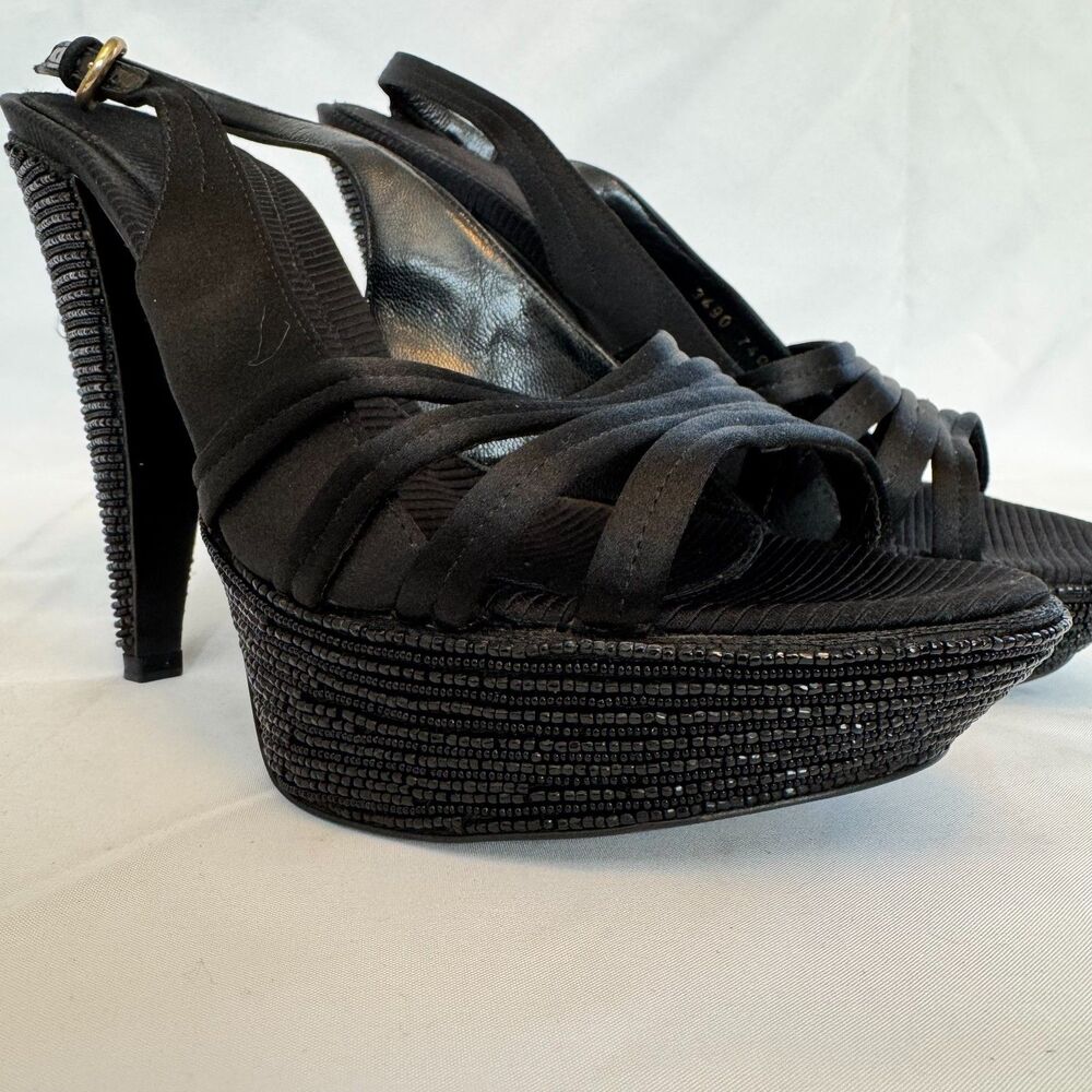 Sergio Rossi Women's Black Beaded Platform Slingback Heels Size 39.5 US 9.5
